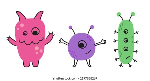 Set of cartoon doodle germs, bacterias, monsters
