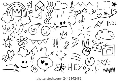 Set of cartoon doodle hand drawn elements. Line art. Crowns, hearts, stars, flowers, sparkles, arrows, lightnings, rainbow, signs and other funny design elements іsolated on white background.