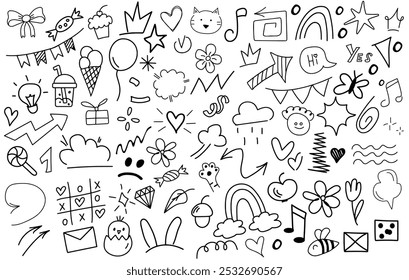 set of cartoon doodle hand drawn elements. Line art. Crowns, rainbow, hearts, stars, flowers, sparkles, arrows, lightnings and other  funny design element  іsolated on white background.