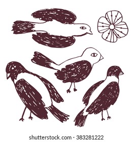 Set of cartoon doodle hand drawn birds. 