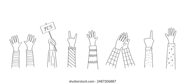 A set of cartoon doodle hand icons. Vector illustration of hand gestures, applause, thumbs up, palm greeting.