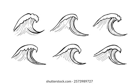 Set of cartoon doodle hand-drawn wave illustrations vector elements.