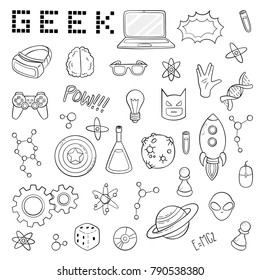 Conjunto de iconos de doodle de dibujos animados. Colección de símbolos geek nerd gamer. Ilustración vectorial, patrón, fondo, plantilla para diseño web, impresión