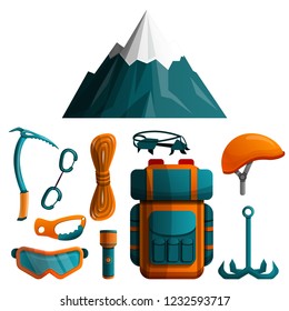 set of cartoon doodle icons on the theme of mountaineering, vector illustration