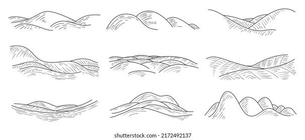 Set of cartoon doodle nature landscapes isolated on white background. Collection hand drawn panorama environment. Line silhouettes composition. Vector illustration.