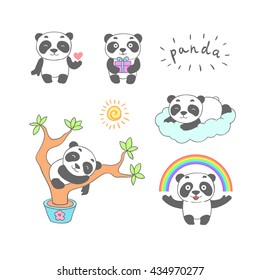 Set of cartoon doodle panda bear, isolated images for little kids. Panda is holding a heart, gift, rainbow, lying on a cloud, sleeping on the tree. Cute smiling panda character. 
