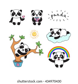 Set of cartoon doodle panda bear, isolated images for little kids. Panda is holding a heart, gift, rainbow, lying on a cloud, sleeping on the tree. Cute smiling panda character. 