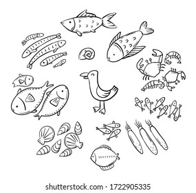 Set of cartoon doodle seafood or ocean animals like fish, shrimps and squids, black and white clipart