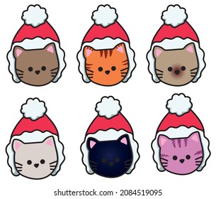 Set of cartoon doodle stickers Christmas cat in a Christmas cap. Vector