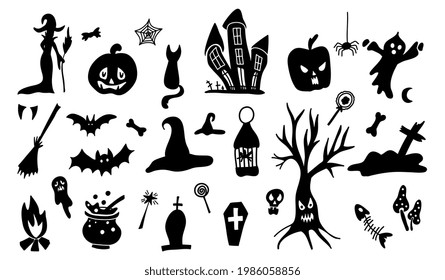 Set of cartoon doodle style silhouettes of Halloween on a white background. Vector illustration