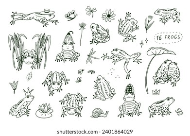 Set of cartoon doodle vector frogs animals.