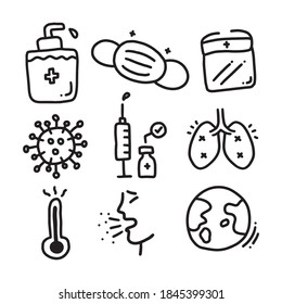 Set of Cartoon doodles hand drawn of Covid-19 or Coronavirus pandemic, Prevention, Infection and more, Vector and Illustration.