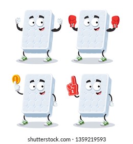 set of cartoon double white sleeping mattress character mascot on white background