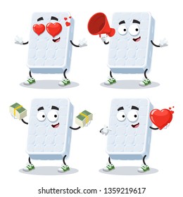 set of cartoon double white sleeping mattress character mascot on white background