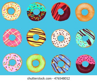 Set of cartoon doughnuts donut cake isolated on bright blue background. Pastry donuts menu