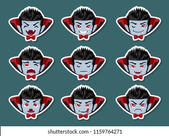 Set of cartoon Dracula Vampire face emotions. Facial expression. Vector illustration