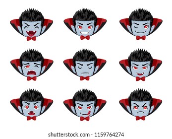 Set of cartoon Dracula Vampire face emotions. Facial expression. Vector illustration