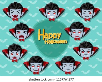 Set of cartoon Dracula Vampire face emotions. Facial expression. Vector illustration