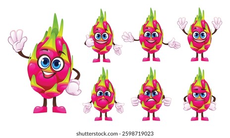 Set of cartoon dragon fruit characters showcasing different facial expressions and gestures. Vector illustration