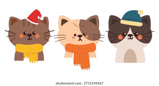 Conjunto de dibujo de dibujos animados gato con elemento de invierno conjunto de pegatinas