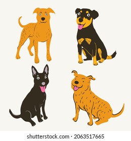 set of cartoon drawing of happy dogs, vector