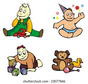 Set of cartoon drawing of playing children, babies, different activities, vector illustration