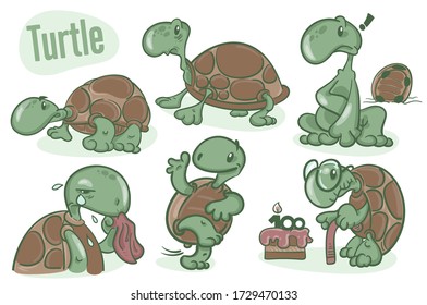 Set of cartoon drawing of turtles. Sea life illustration. Vector.