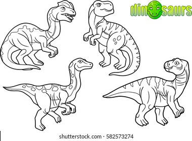 set of cartoon drawings of dinosaurs.
