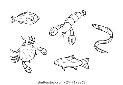 A set of cartoon drawings of marine animals. Vector illustration of fish, algae, eel, crab, lobster. Isolated on white.