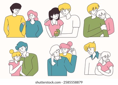 A set of cartoon drawings of people hugging. The drawings are in a row and are of different sizes