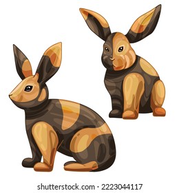A set of cartoon drawn animals. Breed of rabbits Harlequin Rabbit