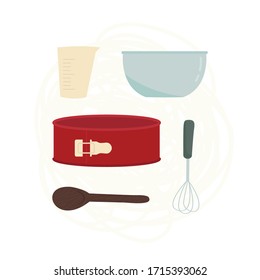 Set of cartoon drawn dishes for baking. Measuring cup, bowl, baking dish, wooden spoon, whisk. Vector illustration isolated on a white background.