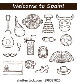 Set of cartoon drawn icons on Spain theme: flag, bull, ball, flamenco, guitar, jamon. Travel europe concept for your design