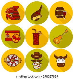 Set of cartoon drawn icons on Spain theme: flag, bull, ball, flamenco, guitar, jamon. Travel europe concept for your design