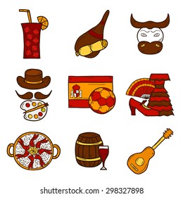 Set of cartoon drawn icons on Spain theme: flag, bull, ball, flamenco, guitar, jamon. Travel europe concept for your design