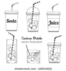 Set of cartoon drinks: cold beverages with ice- tea, lemonade, smoothie, juice, milk shake, soda. Vector illustration, isolated on white. Take away cup with tubule. Refreshing drinks icons for menu.