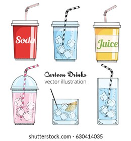 Set of cartoon drinks: cold beverages with ice- tea, lemonade, smoothie, juice, milk shake, soda. Vector illustration, isolated on white. Take away cup with tubule. Refreshing drinks icons for menu.