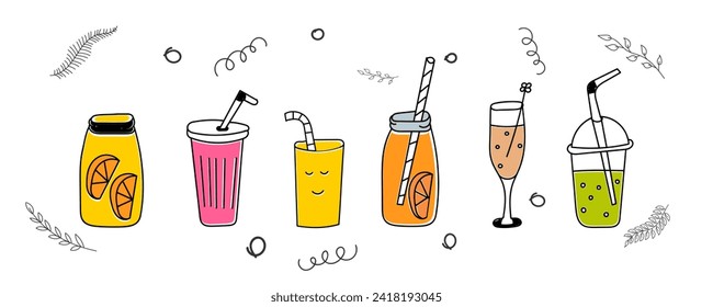 Set of cartoon drinks. Seamless pattern with bar liquor bottles and cocktails. Cute hand drawn summer icons fruits, ice creams, cocktails, beach items. Vector illustration in flat doodle design.