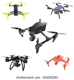 Set of cartoon drones. Isometric. Vector illustration.