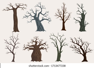 Set of cartoon dry trees. tree without leaves