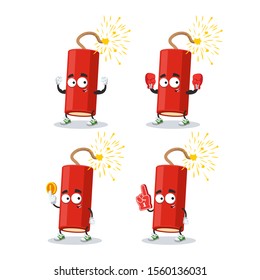 set of cartoon dynamite stick with a lit wick character mascot on white background