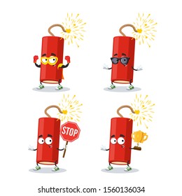 set of cartoon dynamite stick with a lit wick character mascot on white background