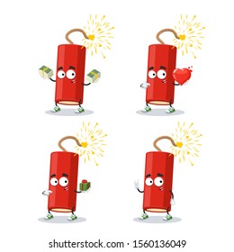 set of cartoon dynamite stick with a lit wick character mascot on white background