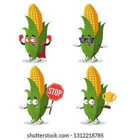 set of cartoon ear of corn character mascot on white background