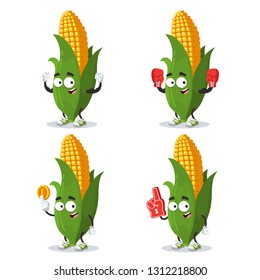 set of cartoon ear of corn character mascot on white background