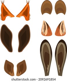 Set of cartoon ears of wild animals isolated on white background