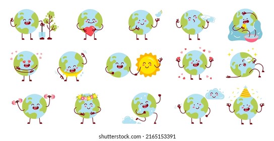 Set of cartoon earth planet mascot with different emotions, with sun, holding love heart, relaxed, on sport. Save planet and ecology concept. Vector illustration