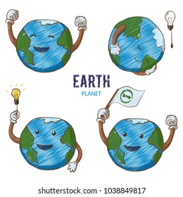Set of cartoon Earth planets. Cartoon earth globe turns out the lights. The planet is sleeping, waving its flag. Sketch style