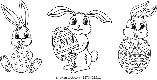 Set of Cartoon Easter Bunnies for Coloring Pages. Vector Illustration Cute Easter Bunnies