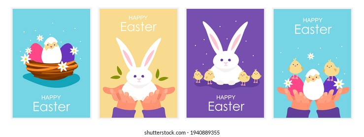 Set of cartoon Easter cards. Spring holiday design. Easter bunny, chicken, egg, hands. Vector illustration. Templates for flyers, posters, postcards. 